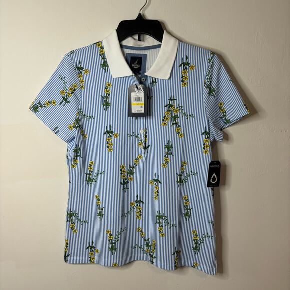 NWT Nautica Jeans Core Women's Floral-Print Short-Sleeve Polo Shirt - Blue - M - Picture 2 of 10